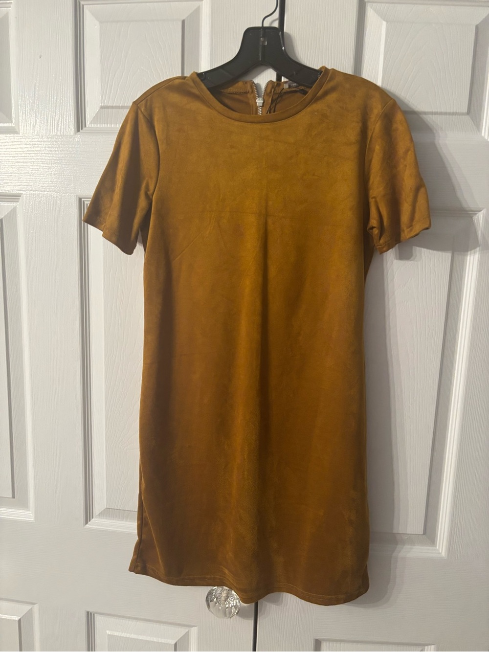 Zara Short Sleeve Suede-Look Shift Dress in Mustard Brown